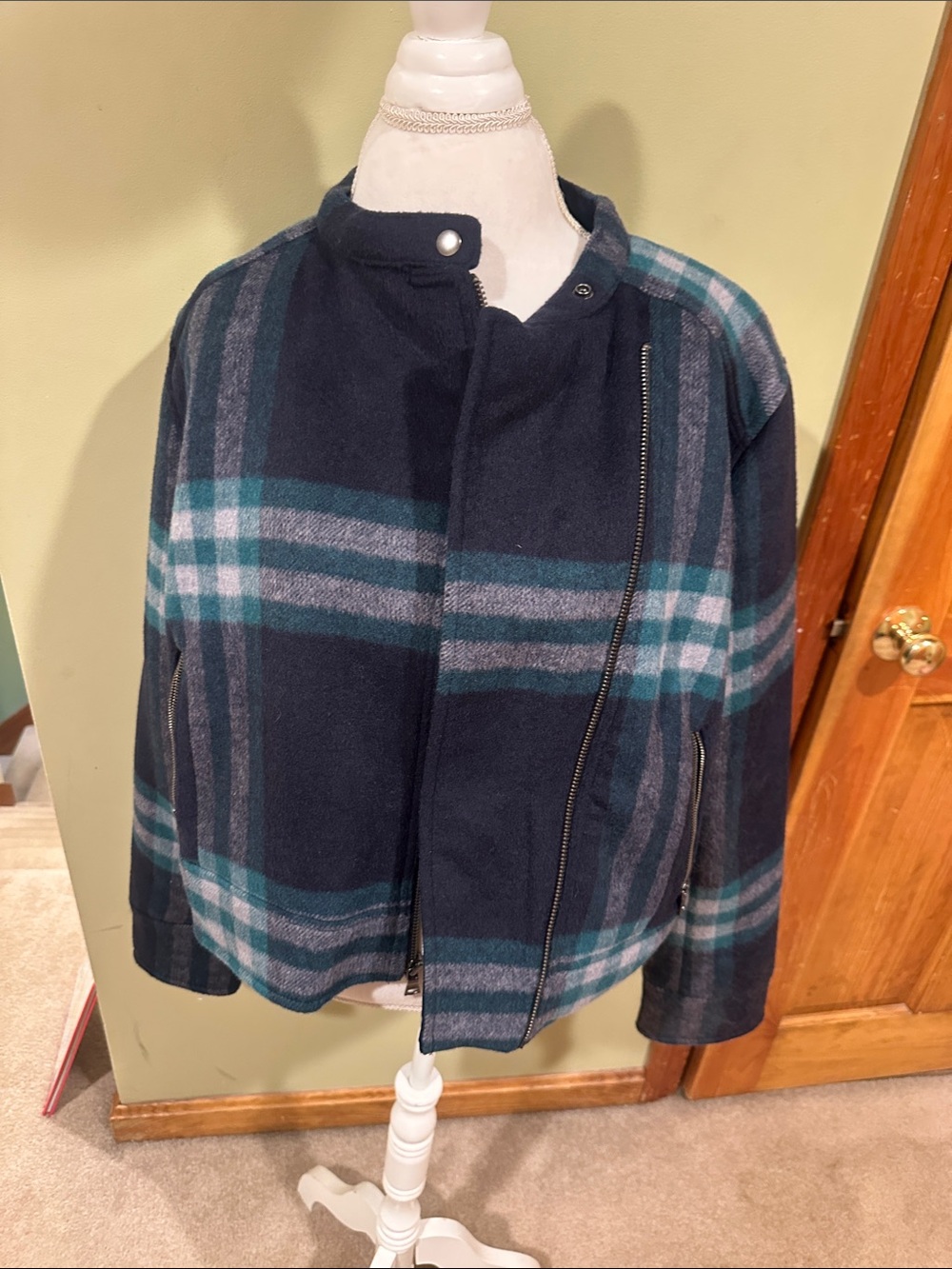 Gap Plaid Zip-Front Wool Blend Jacket in Navy and Teal
